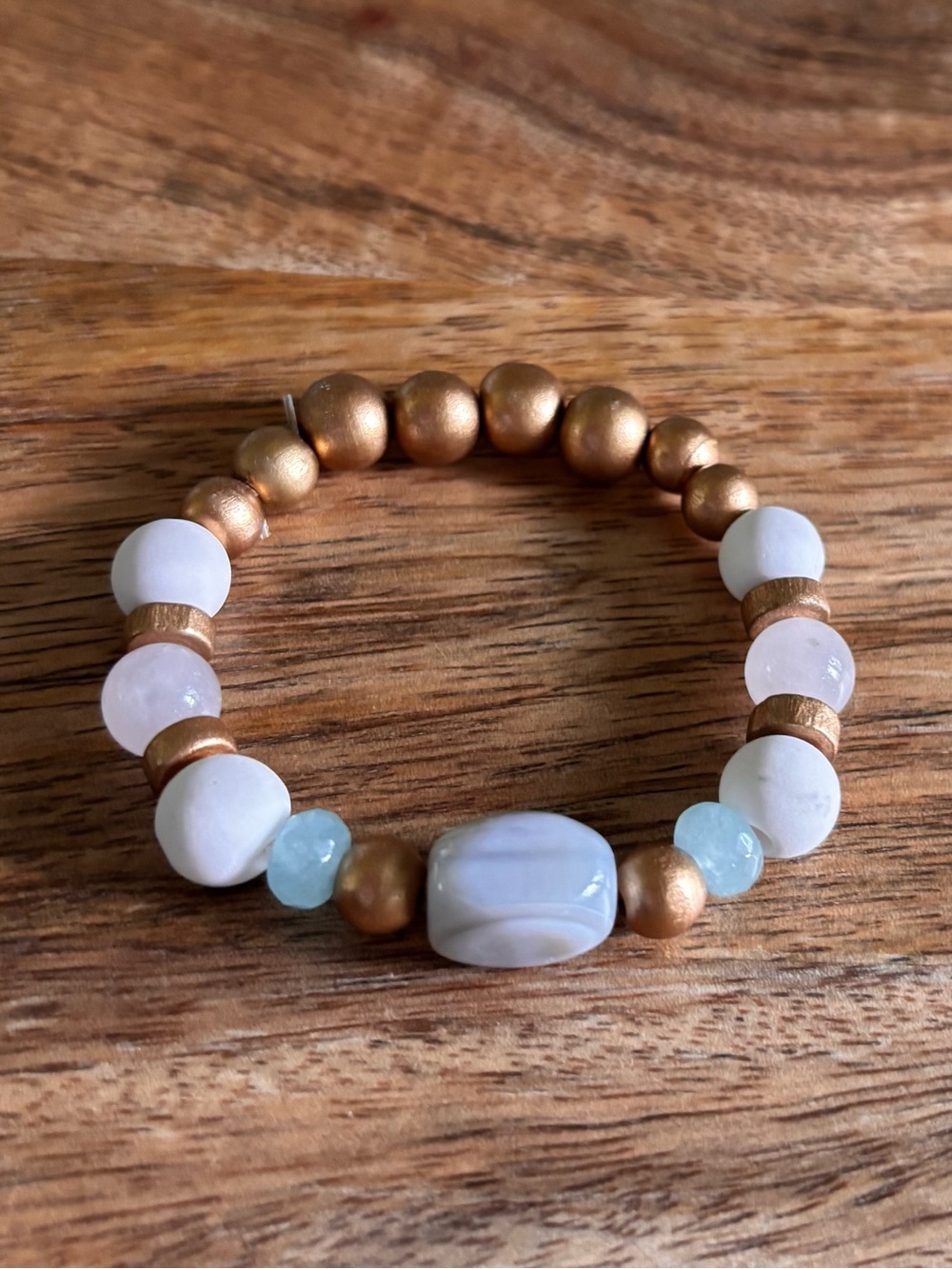 Classic White, Turquoise and Gold Beaded Stretch Bracelet, SM